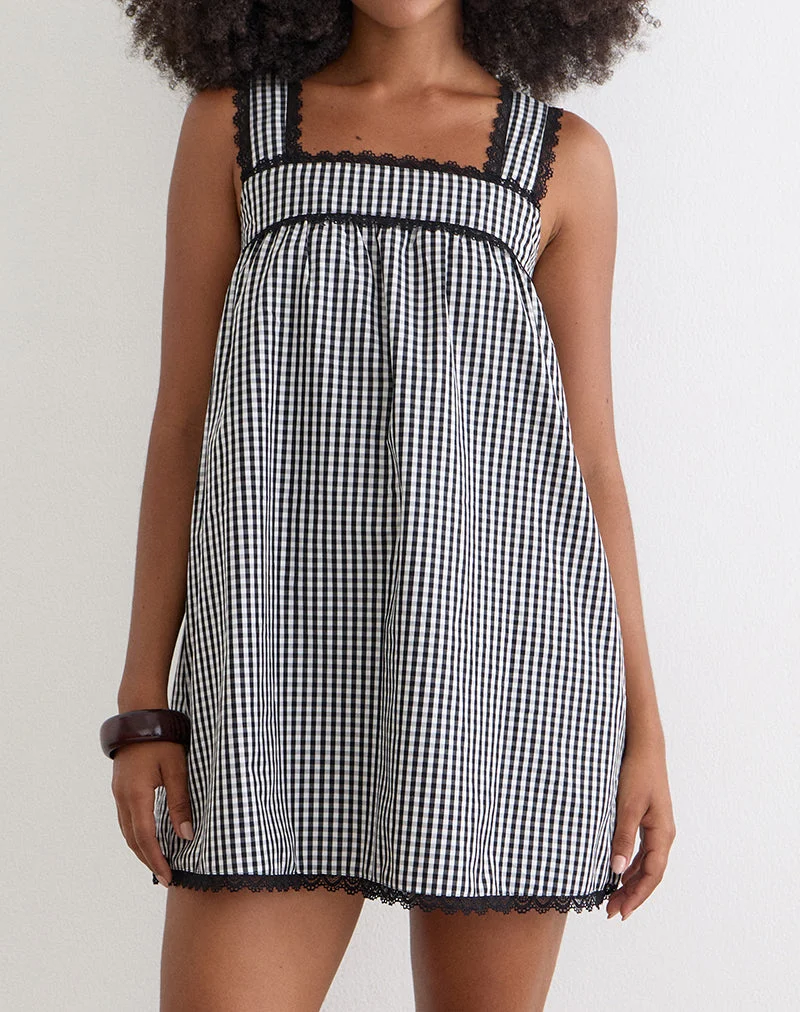 Sandat Smock Minikleid in Mini-Gingham-Grau