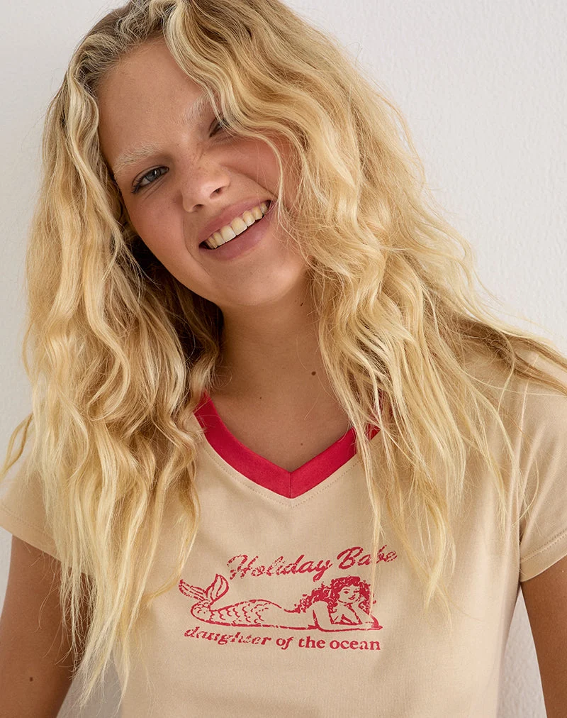Parman-Oberteil in Beige mit rotem Rand und Meerjungfrauen-Motiv