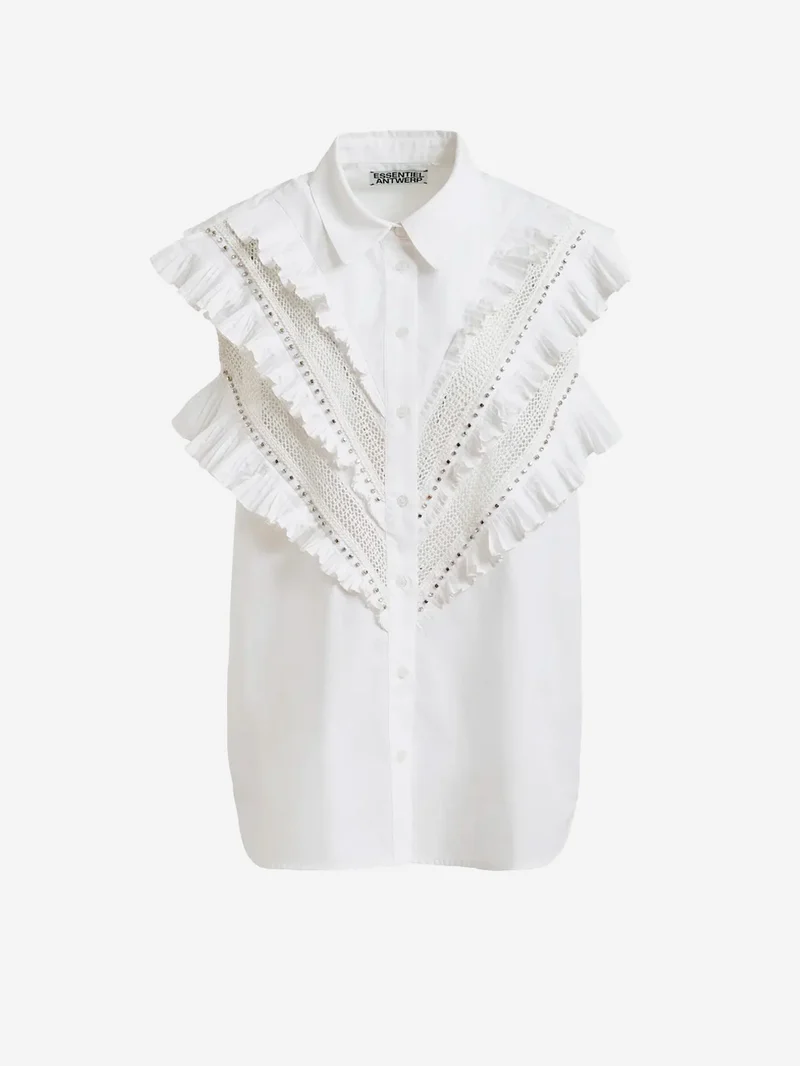 Camicia senza maniche in cotone bianca con decorazioni a volant