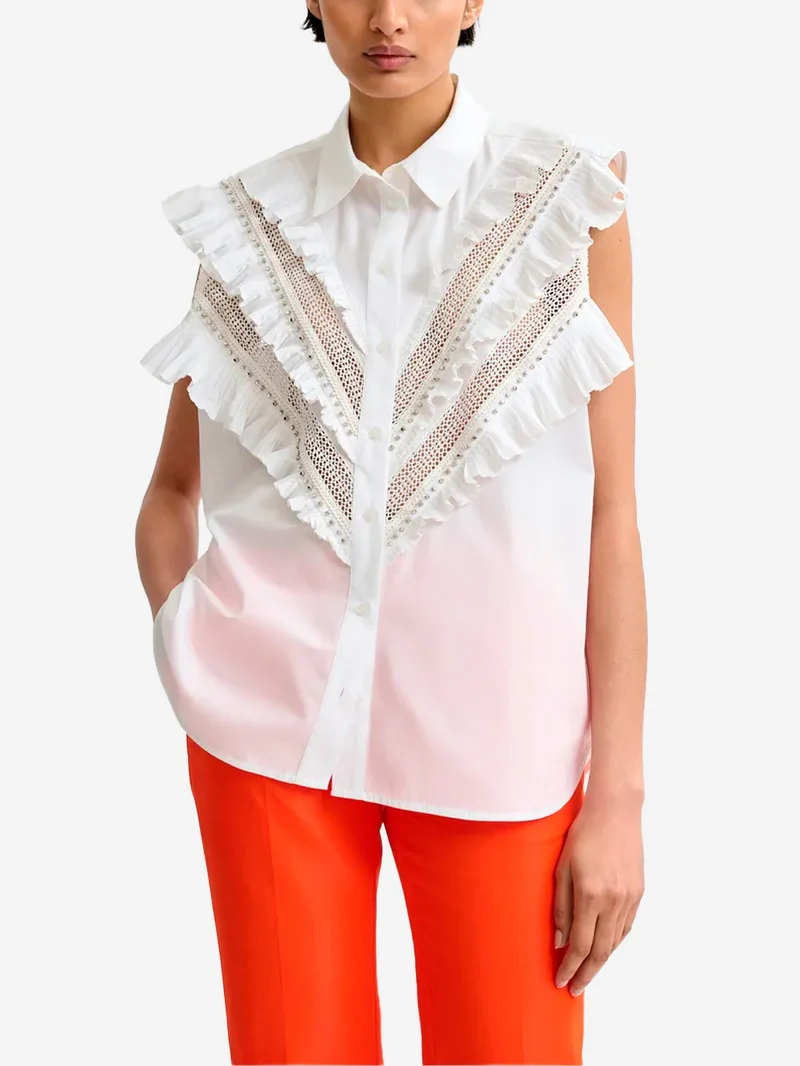 Camicia senza maniche in cotone bianca con decorazioni a volant