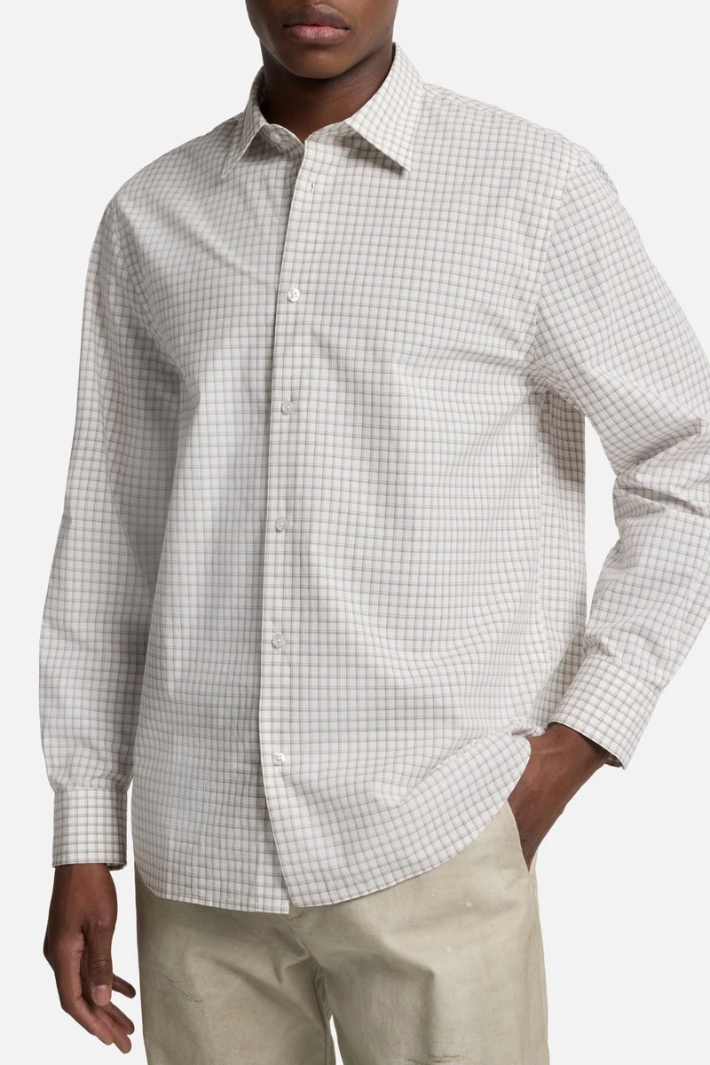 Long Sleeve Poplin Shirt in Beige Check