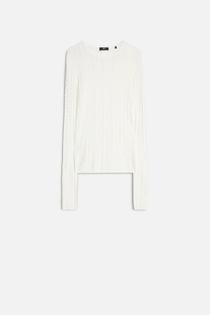Long Sleeve Pointelle Crew Sweater in Ivory
