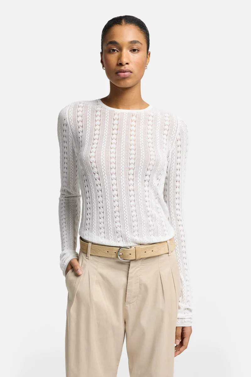 Long Sleeve Pointelle Crew Sweater in Ivory