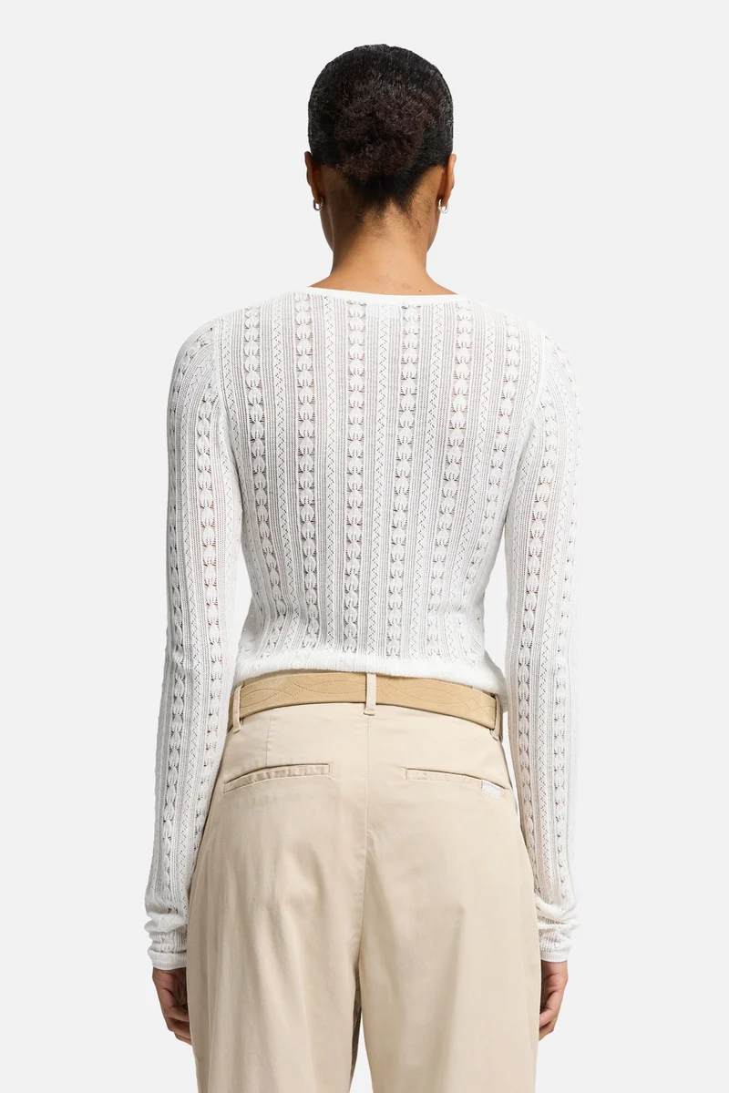 Long Sleeve Pointelle Crew Sweater in Ivory