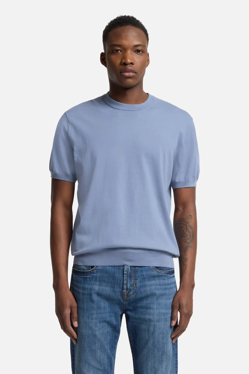 Classic Cotton Short Sleeve Sweater in Slate Blue