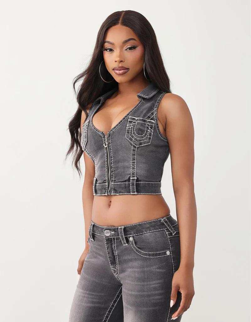 Jeans-Weste Zip Front mit Ziernähten