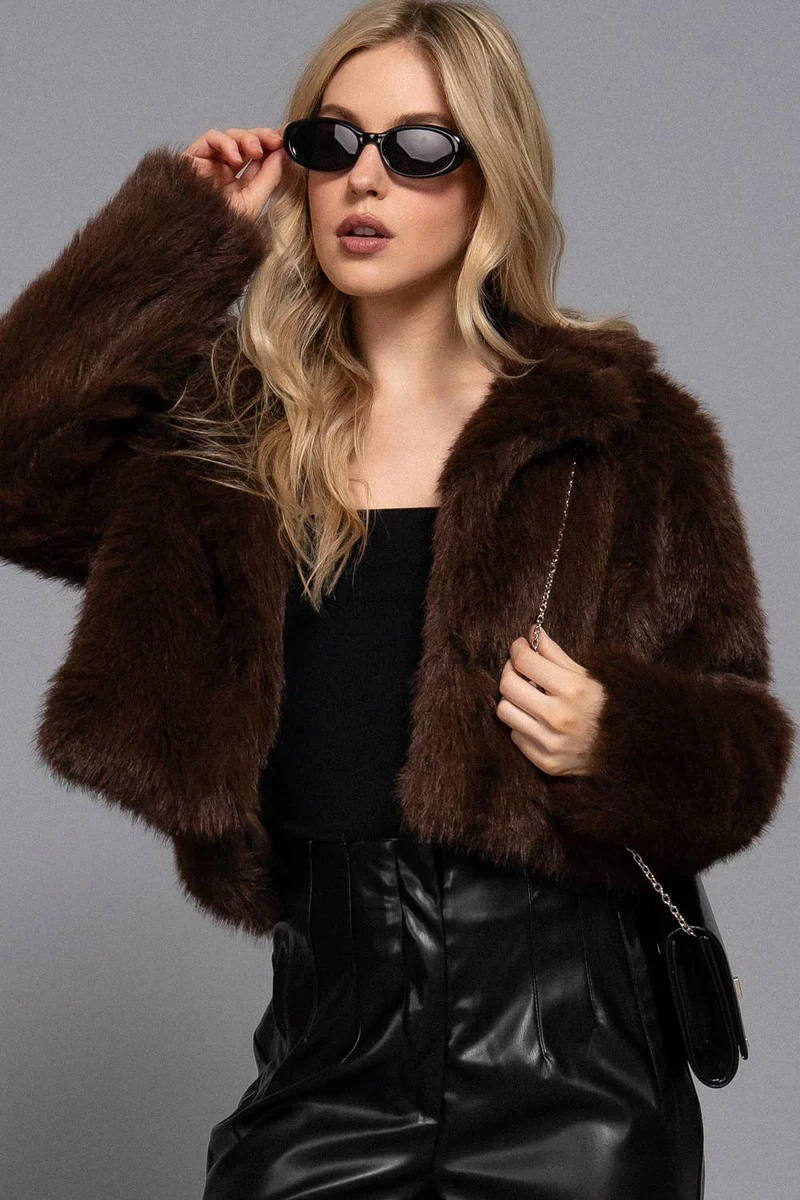 Long Sleeve Notched Collar Faux Fur Cropped Jacket: BRN-dark coffee / L