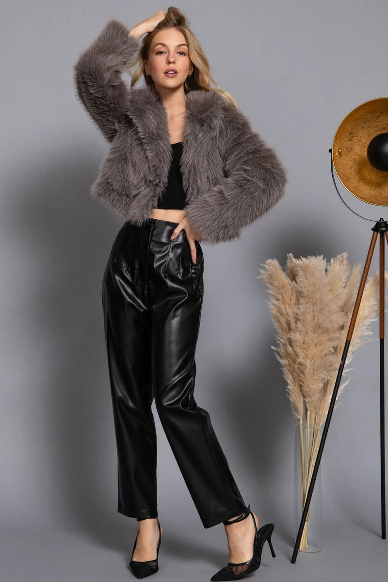 Long Sleeve Notched Collar Faux Fur Cropped Jacket: BRN-dark coffee / L