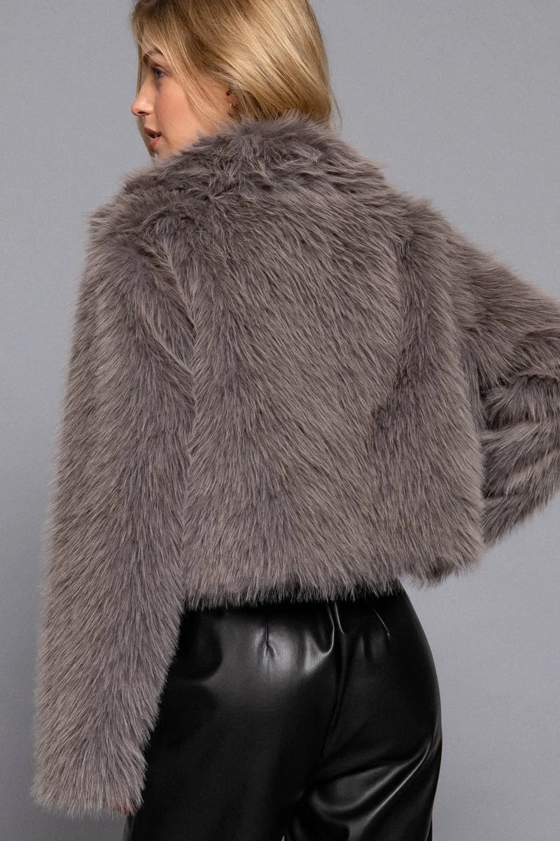Long Sleeve Notched Collar Faux Fur Cropped Jacket: BRN-dark coffee / L