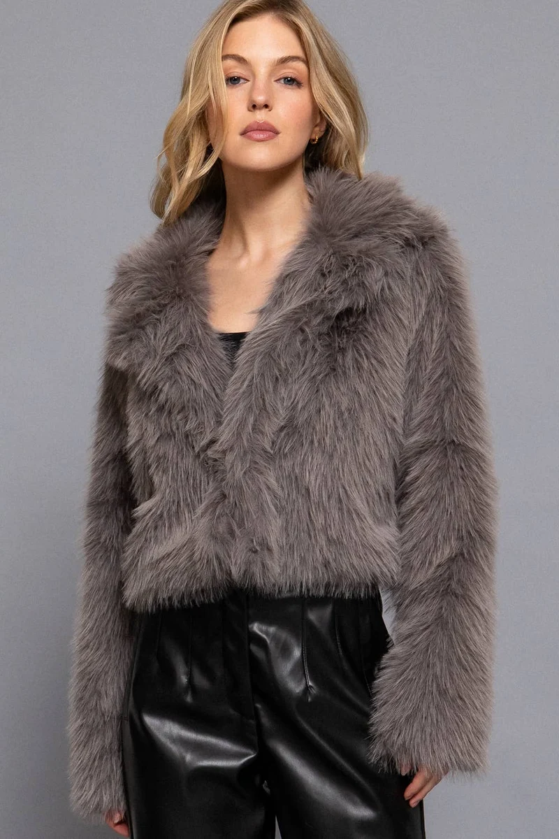 Long Sleeve Notched Collar Faux Fur Cropped Jacket: BRN-dark coffee / L