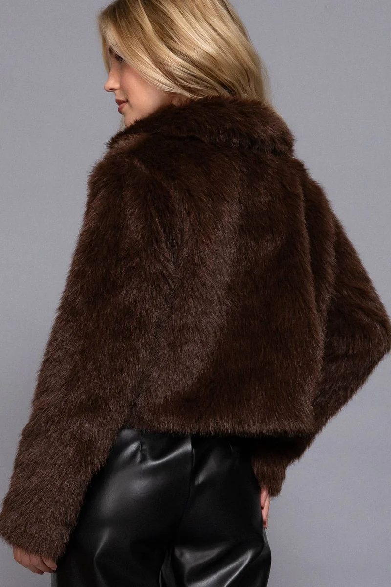 Long Sleeve Notched Collar Faux Fur Cropped Jacket: BRN-dark coffee / L