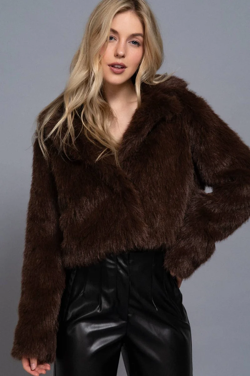Long Sleeve Notched Collar Faux Fur Cropped Jacket: BRN-dark coffee / L