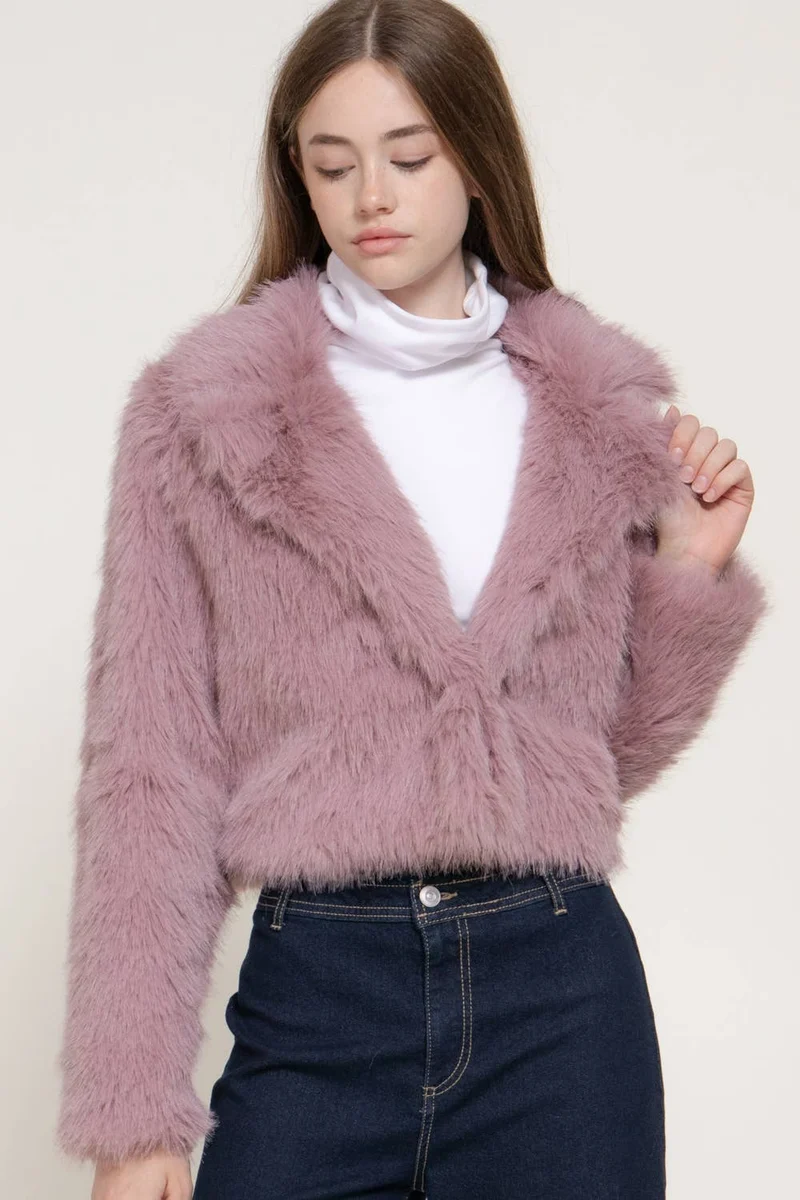 Long Sleeve Notched Collar Faux Fur Cropped Jacket: BRN-dark coffee / L