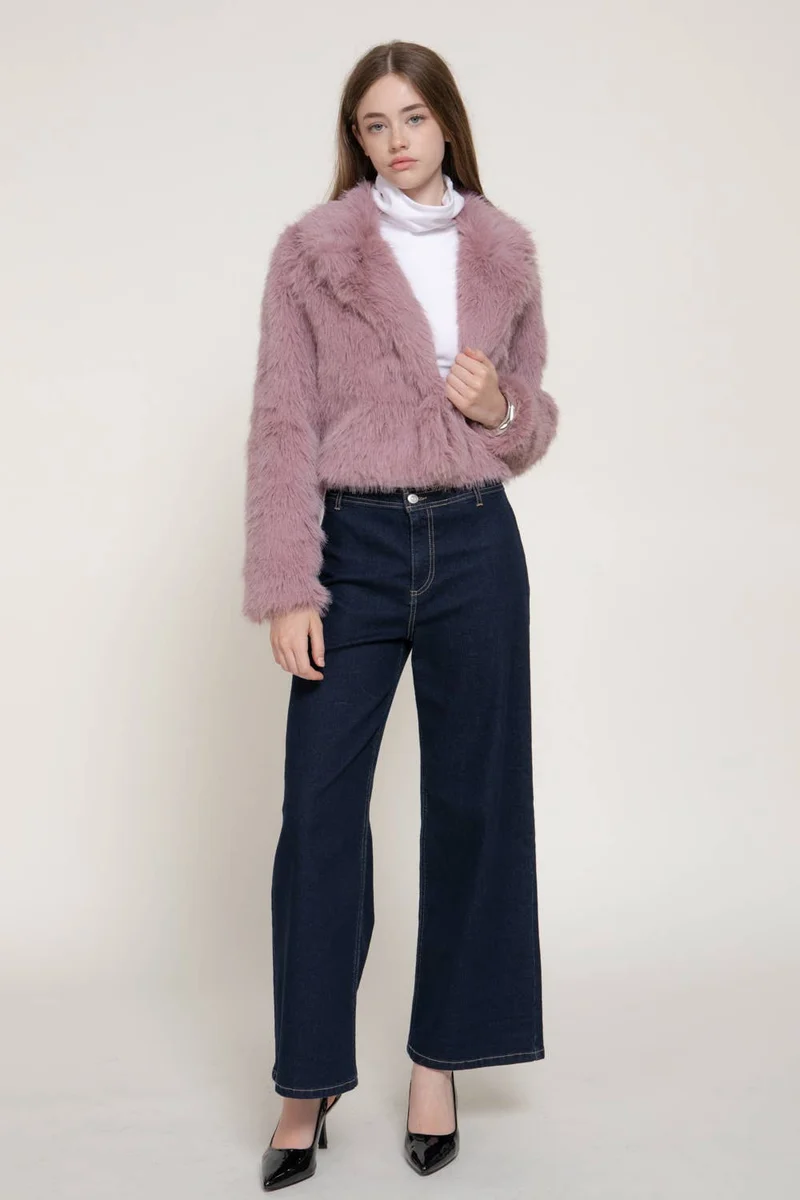 Long Sleeve Notched Collar Faux Fur Cropped Jacket: BRN-dark coffee / L