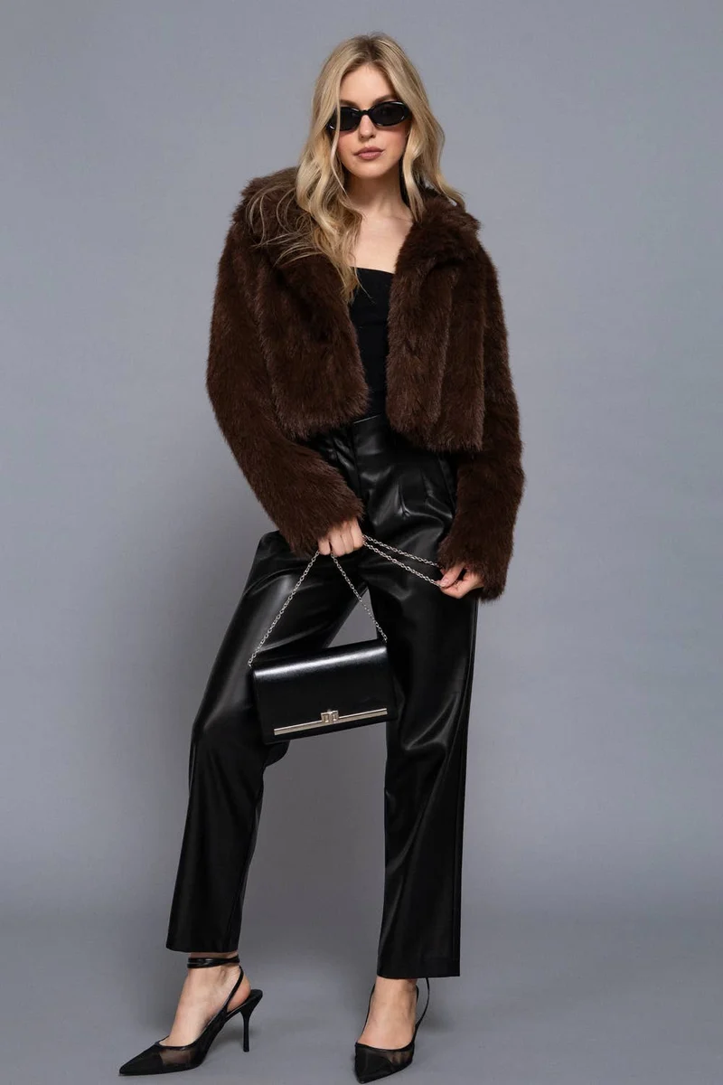 Long Sleeve Notched Collar Faux Fur Cropped Jacket: BRN-dark coffee / L