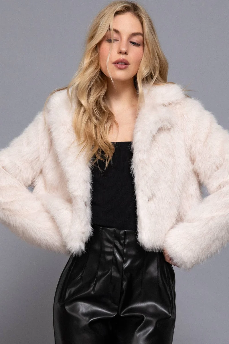 Long Sleeve Notched Collar Faux Fur Cropped Jacket: BRN-dark coffee / L