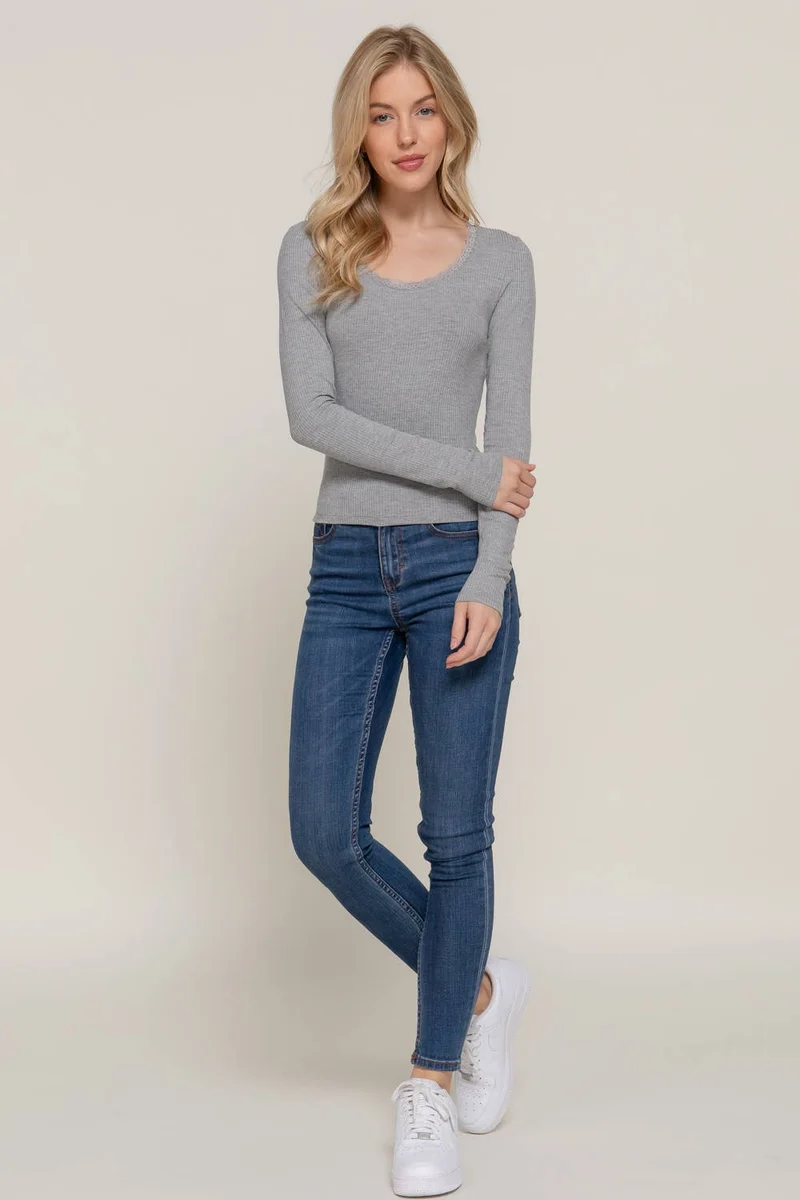Long Sleeve Scoop Neck with Lace Trim Rib Knit Top: HGY-h grey / L
