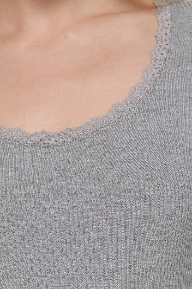 Long Sleeve Scoop Neck with Lace Trim Rib Knit Top: HGY-h grey / L