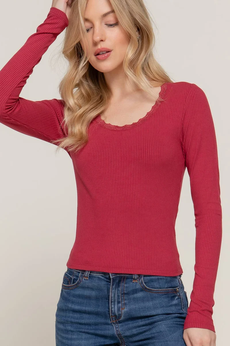 Long Sleeve Scoop Neck with Lace Trim Rib Knit Top: HGY-h grey / L