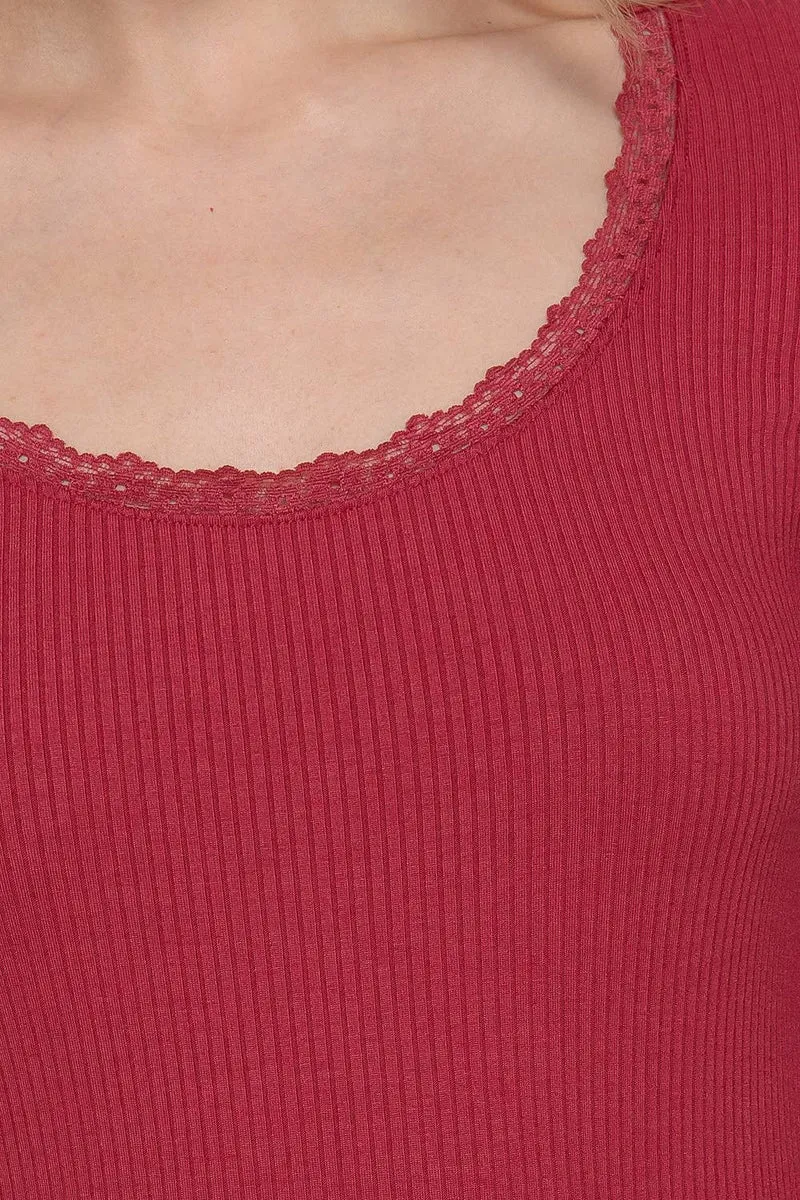 Long Sleeve Scoop Neck with Lace Trim Rib Knit Top: HGY-h grey / L