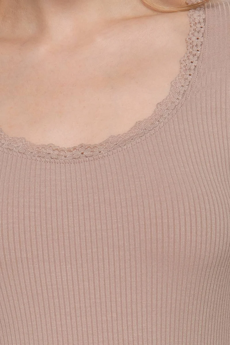 Long Sleeve Scoop Neck with Lace Trim Rib Knit Top: HGY-h grey / L