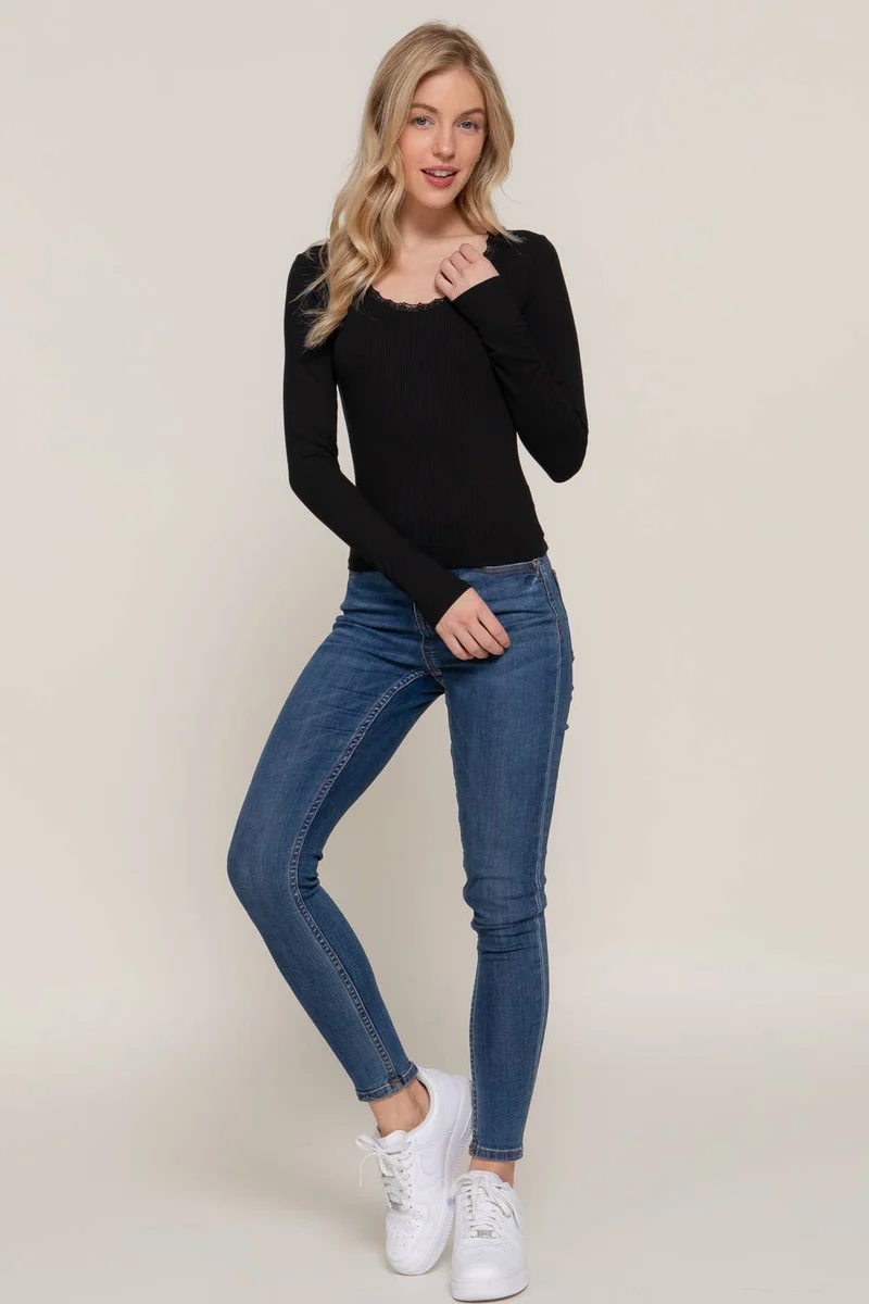 Long Sleeve Scoop Neck with Lace Trim Rib Knit Top: HGY-h grey / L