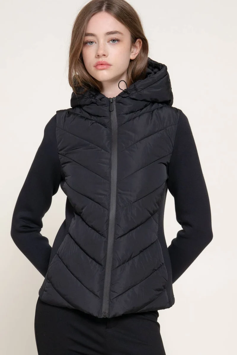 Hight Neck Adjustable Hoodie Quilted Puffer Jacket: BLK-black / L
