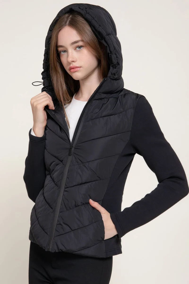 Hight Neck Adjustable Hoodie Quilted Puffer Jacket: BLK-black / L