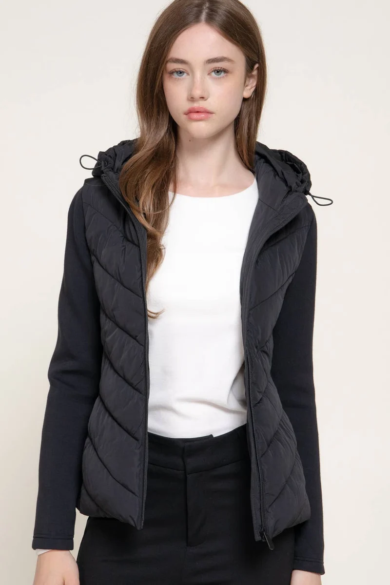 Hight Neck Adjustable Hoodie Quilted Puffer Jacket: BLK-black / L