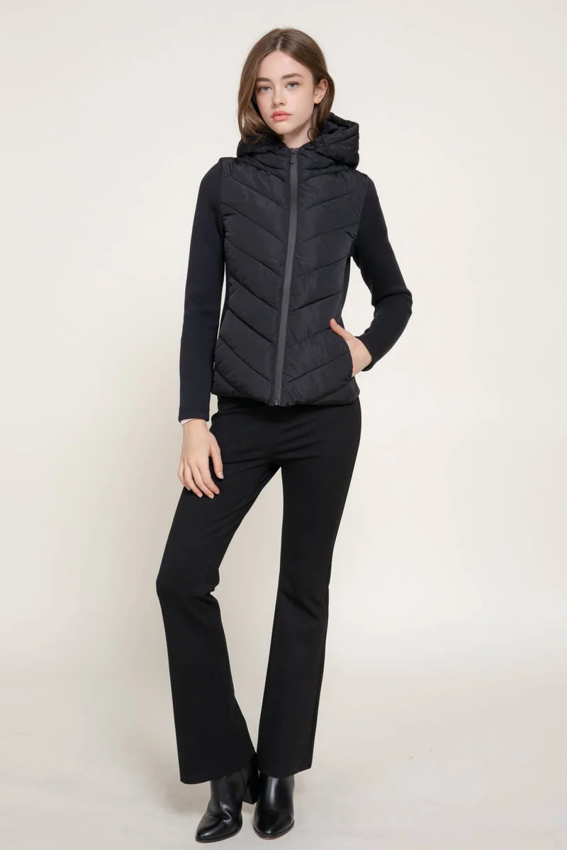 Hight Neck Adjustable Hoodie Quilted Puffer Jacket: BLK-black / L