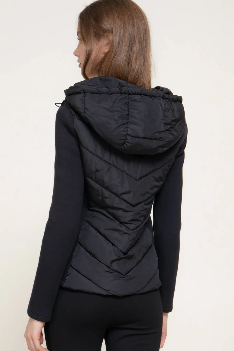Hight Neck Adjustable Hoodie Quilted Puffer Jacket: BLK-black / L
