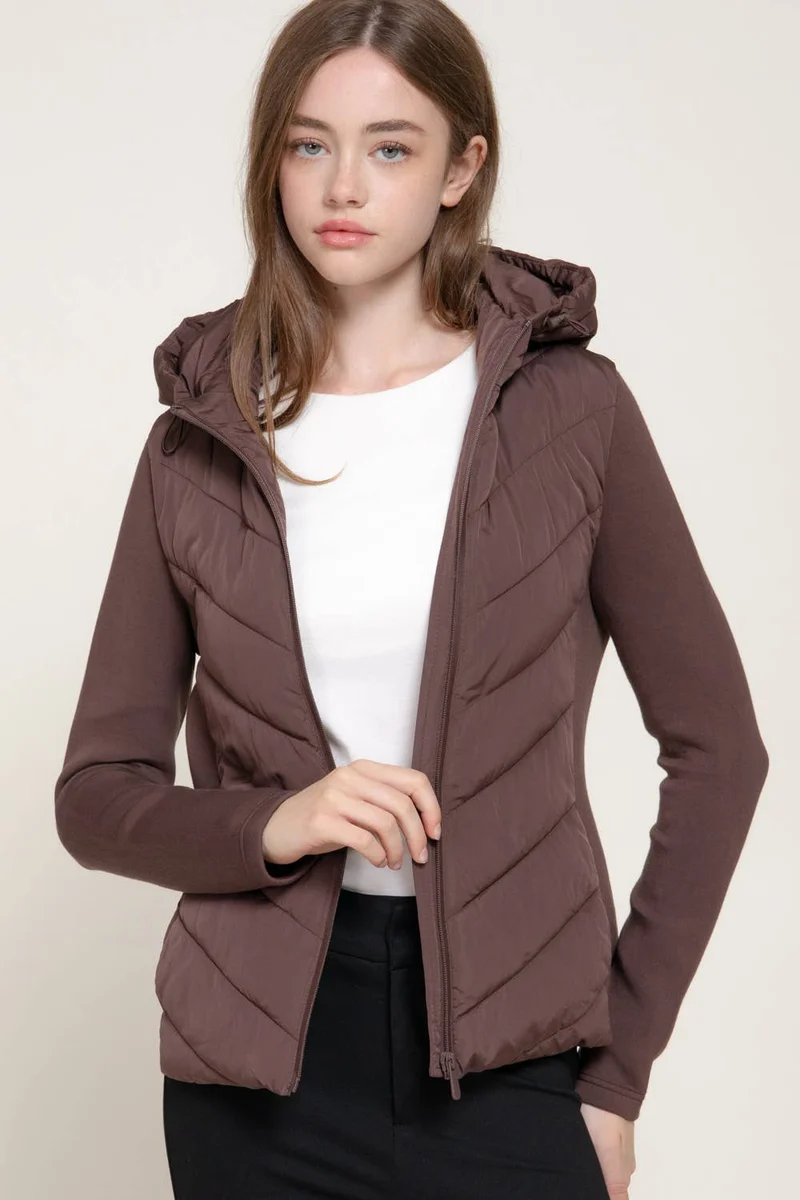 Hight Neck Adjustable Hoodie Quilted Puffer Jacket: BLK-black / L