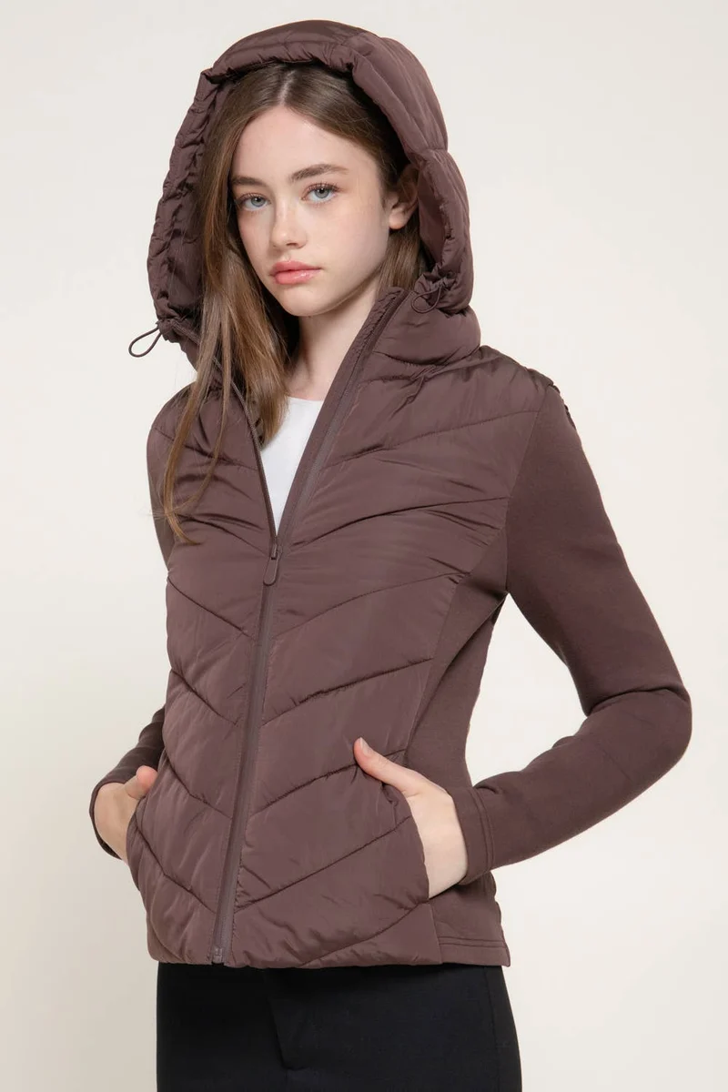 Hight Neck Adjustable Hoodie Quilted Puffer Jacket: BLK-black / L