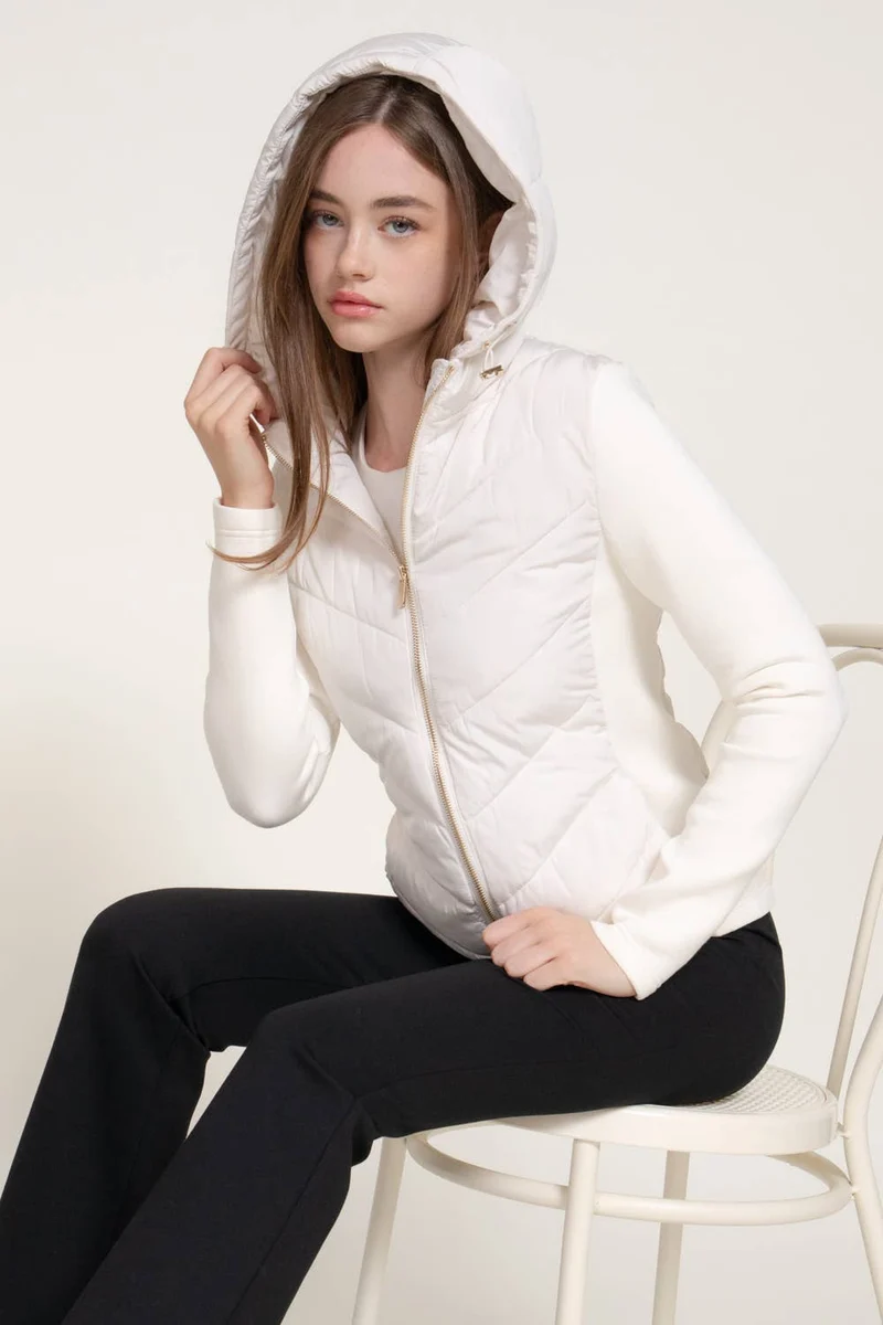 Hight Neck Adjustable Hoodie Quilted Puffer Jacket: BLK-black / L