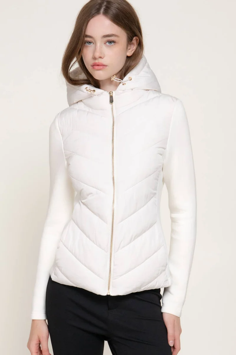 Hight Neck Adjustable Hoodie Quilted Puffer Jacket: BLK-black / L