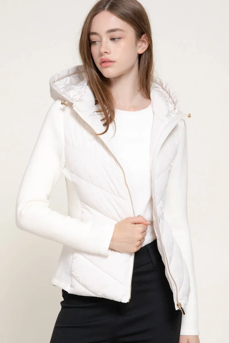 Hight Neck Adjustable Hoodie Quilted Puffer Jacket: BLK-black / L