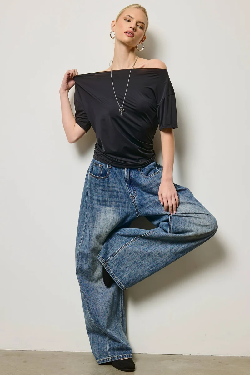 Ruched One Shoulder Short Sleeve