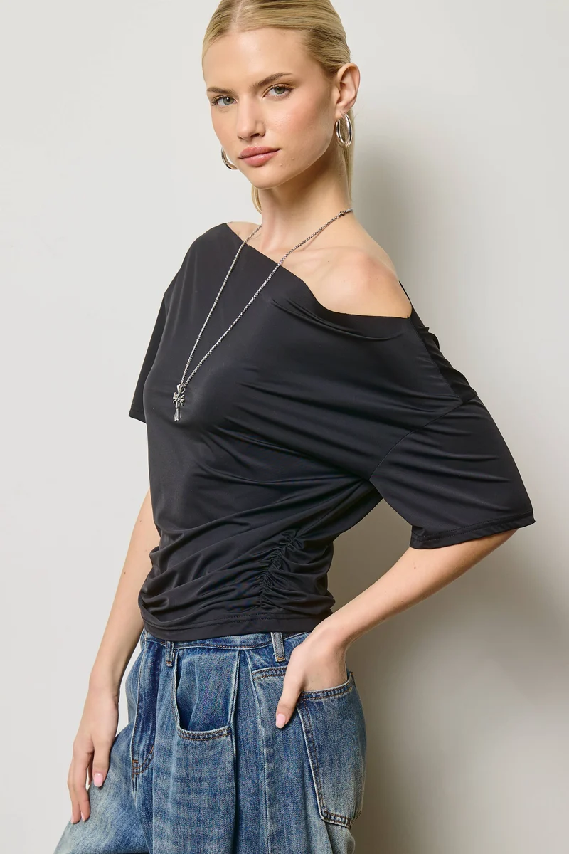 Ruched One Shoulder Short Sleeve