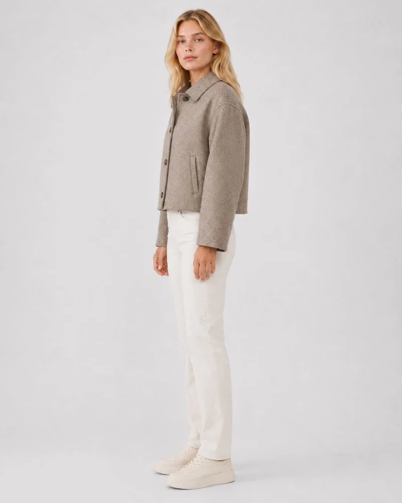 Women's Button Front Cropped Woolen Jacket: Gray / L
