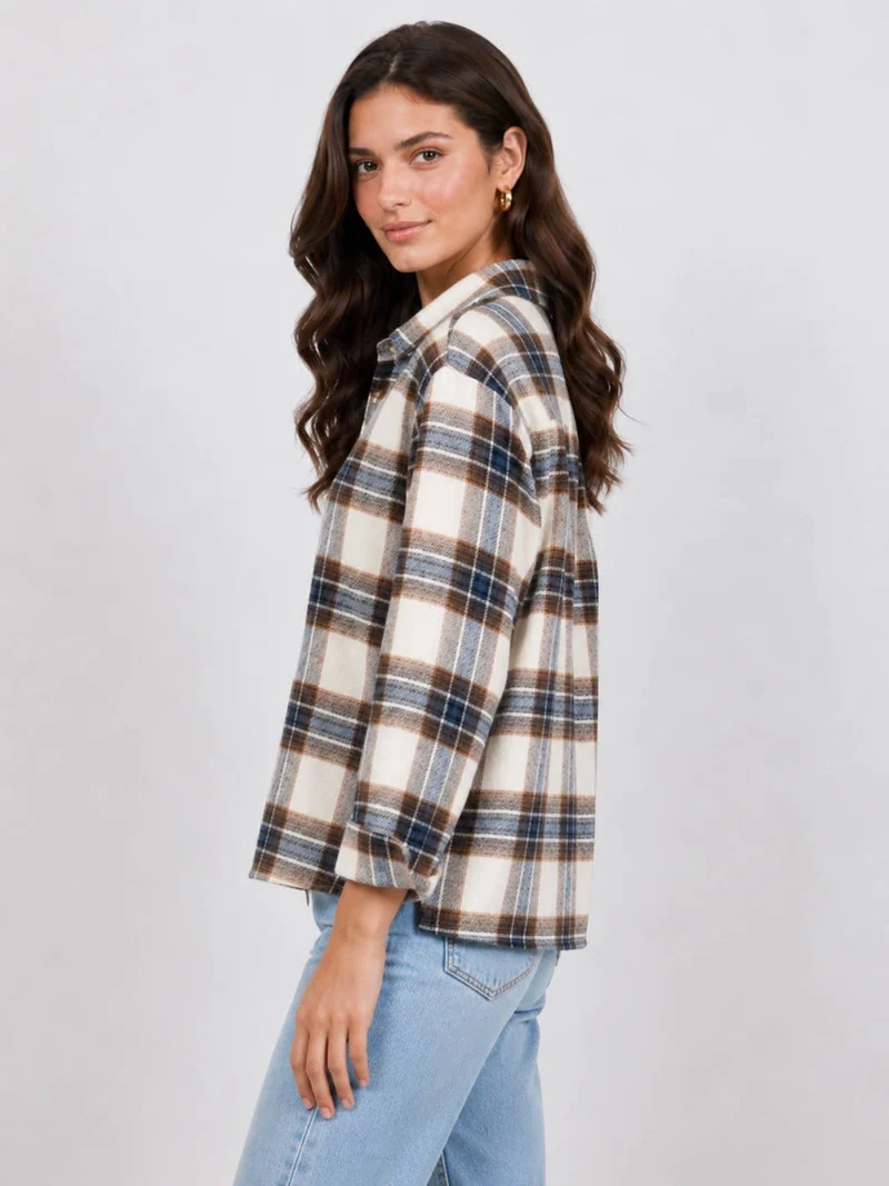 Women's Plaid Back Shirring Button Shirt: CORA / L