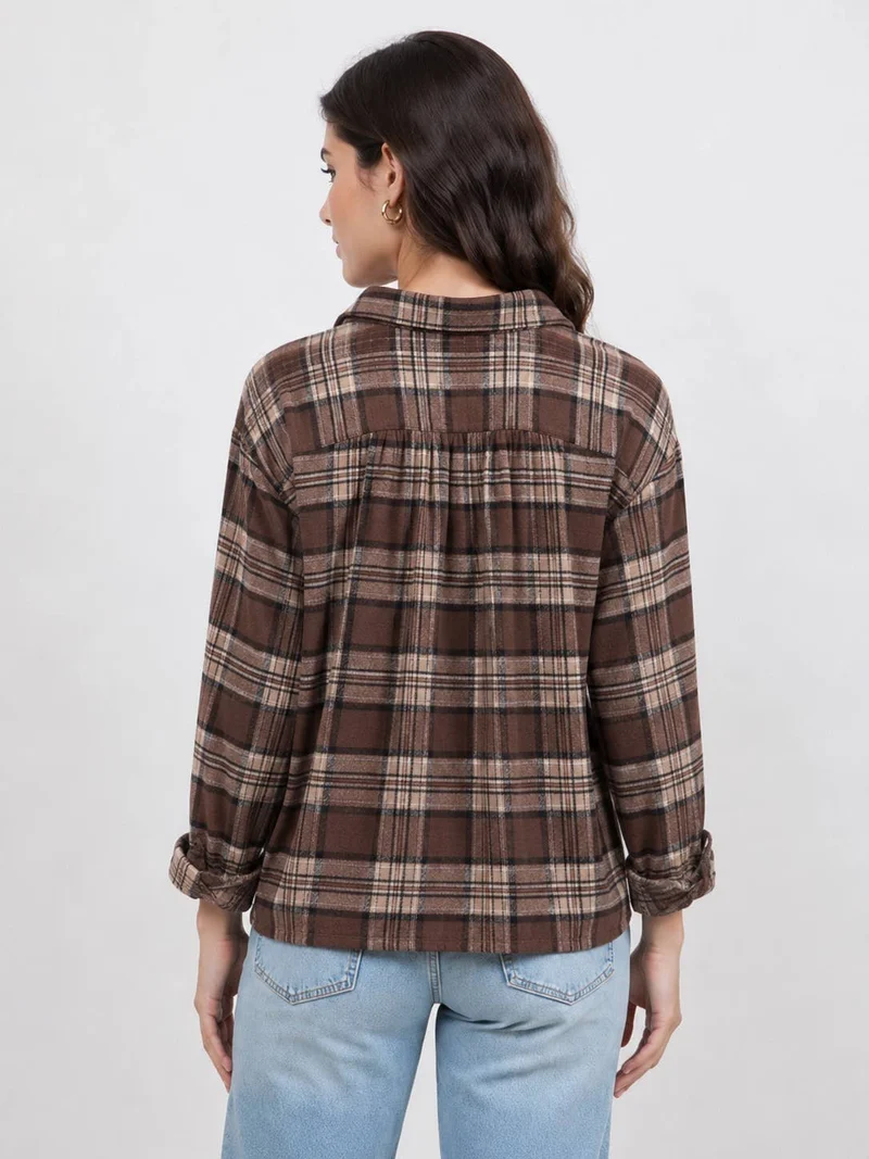 Women's Plaid Back Shirring Button Shirt: CORA / L