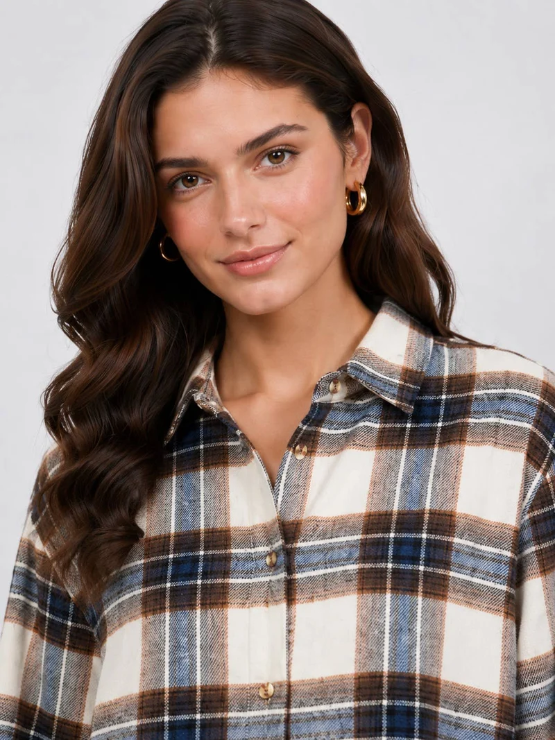 Women's Plaid Back Shirring Button Shirt: CORA / L