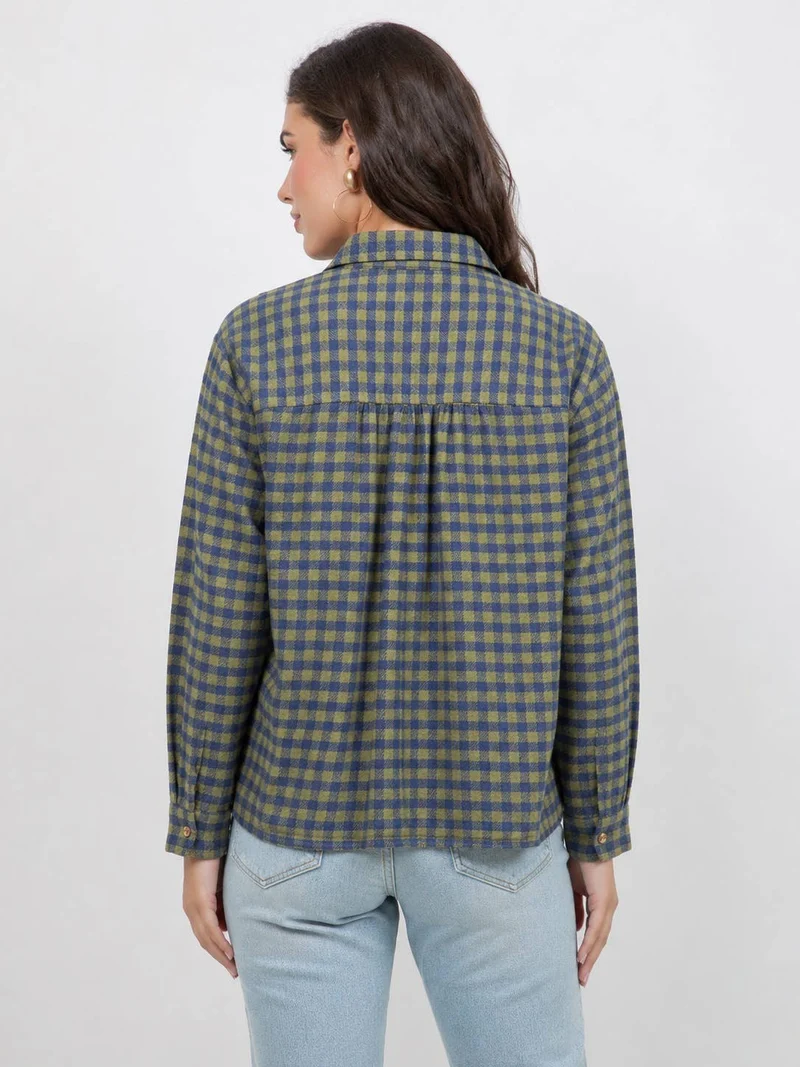 Women's Plaid Back Shirring Button Shirt: CORA / L