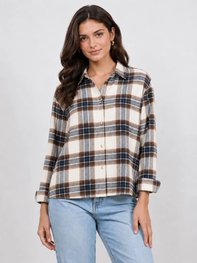 Women's Plaid Back Shirring Button Shirt: CORA / L
