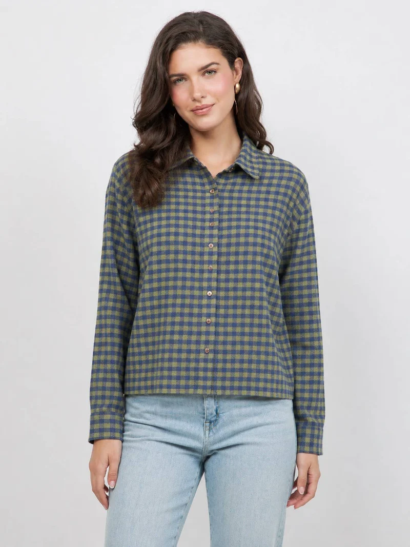 Women's Plaid Back Shirring Button Shirt: CORA / L
