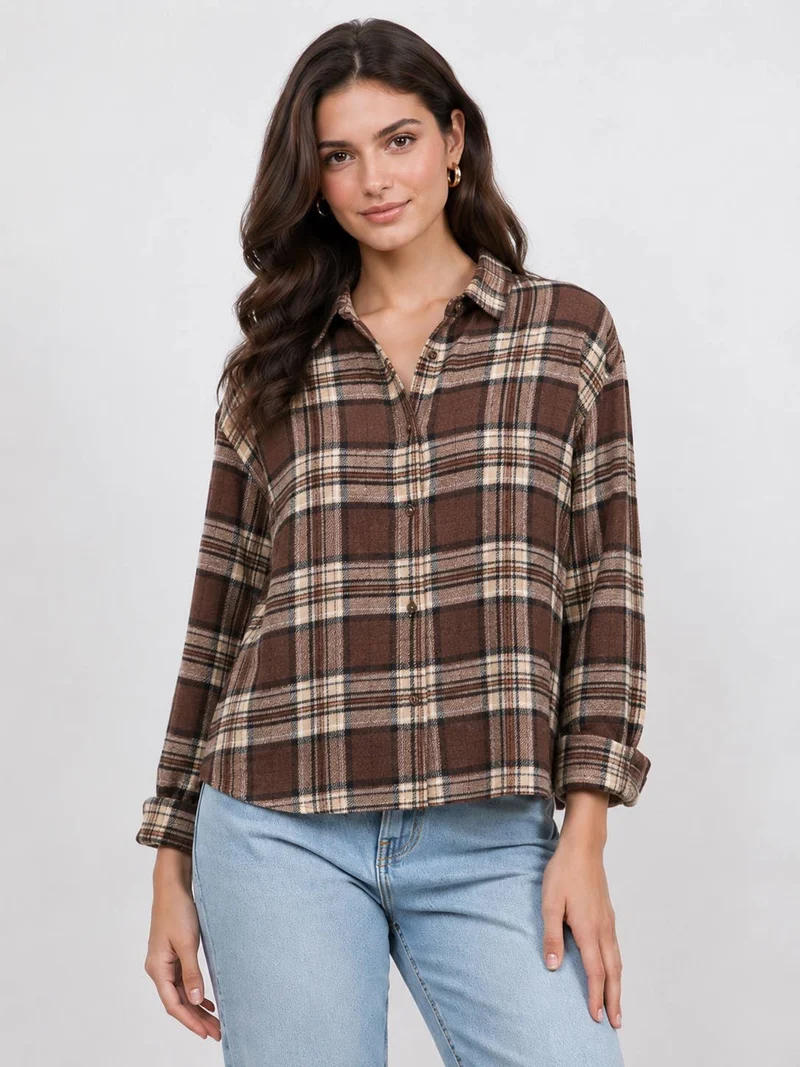 Women's Plaid Back Shirring Button Shirt: CORA / L