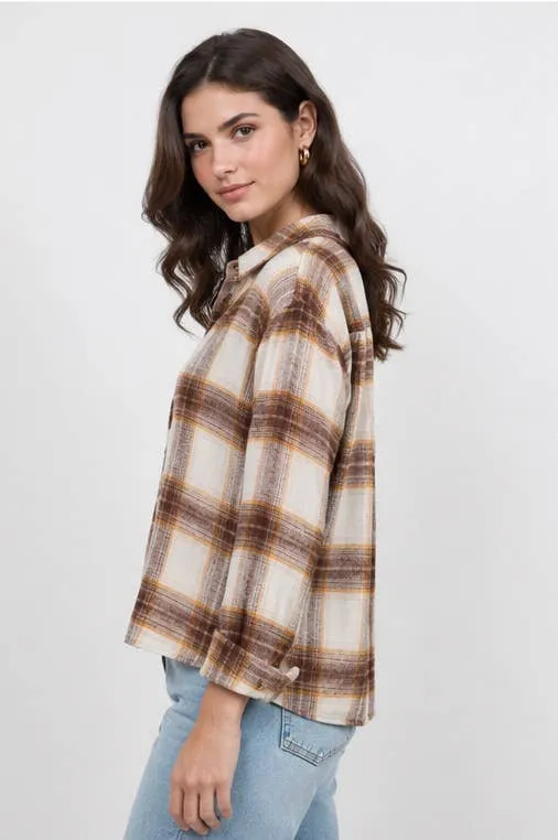 Women's Plaid Back Shirring Button Shirt: CORA / L