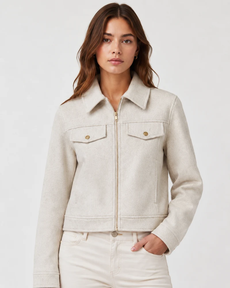 Women’s Cropped Faux Wool Jacket: OATMEAL / L