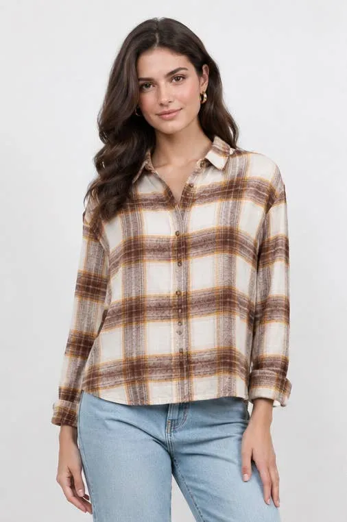 Women's Plaid Back Shirring Button Shirt: MILLIE / L