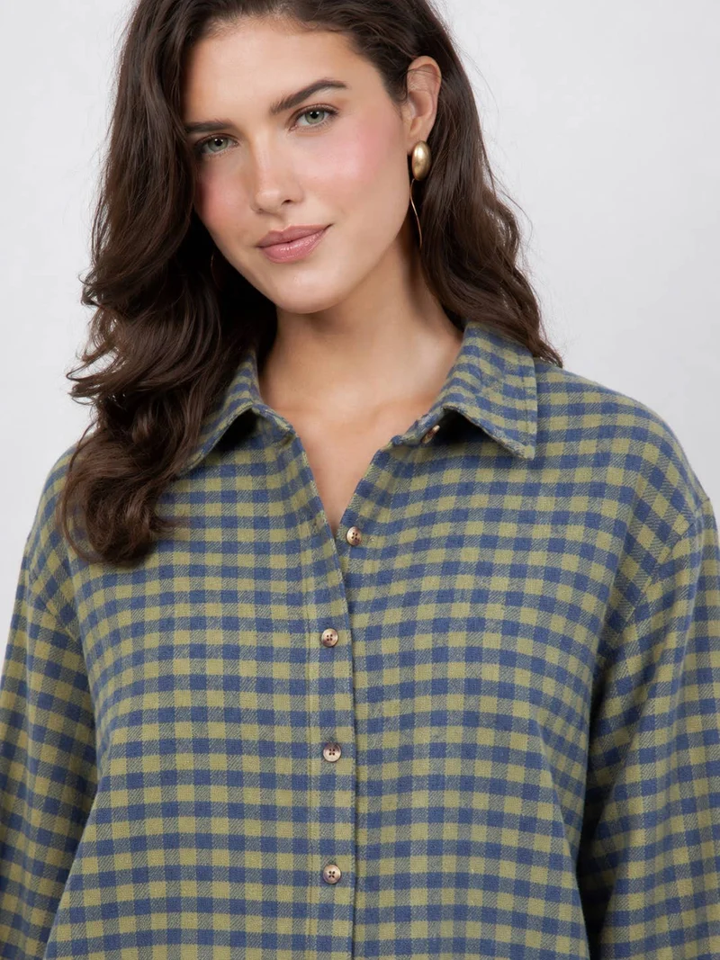 Women's Plaid Back Shirring Button Shirt: MILLIE / L